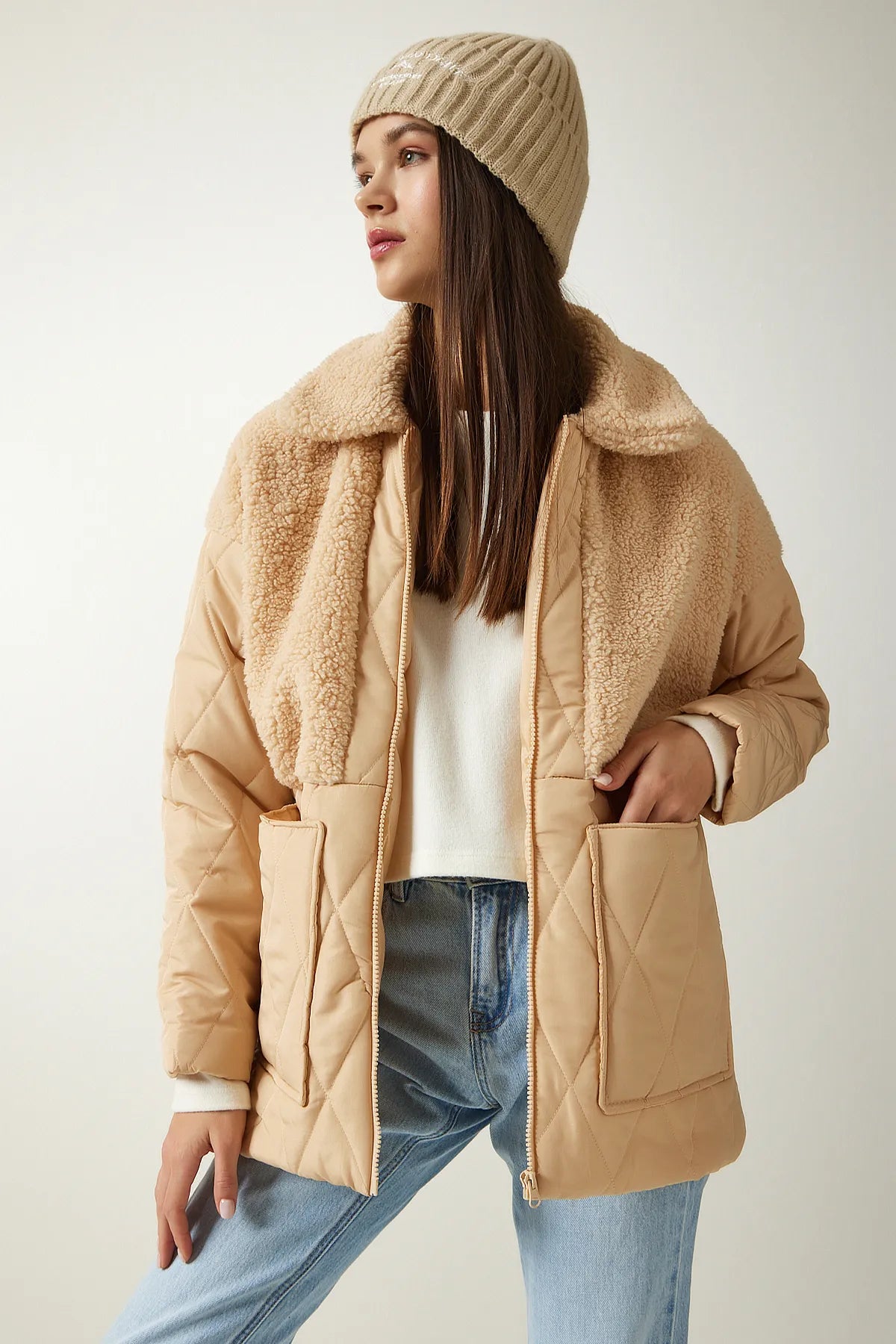 Plush Detailed Quilted Coat LATTE