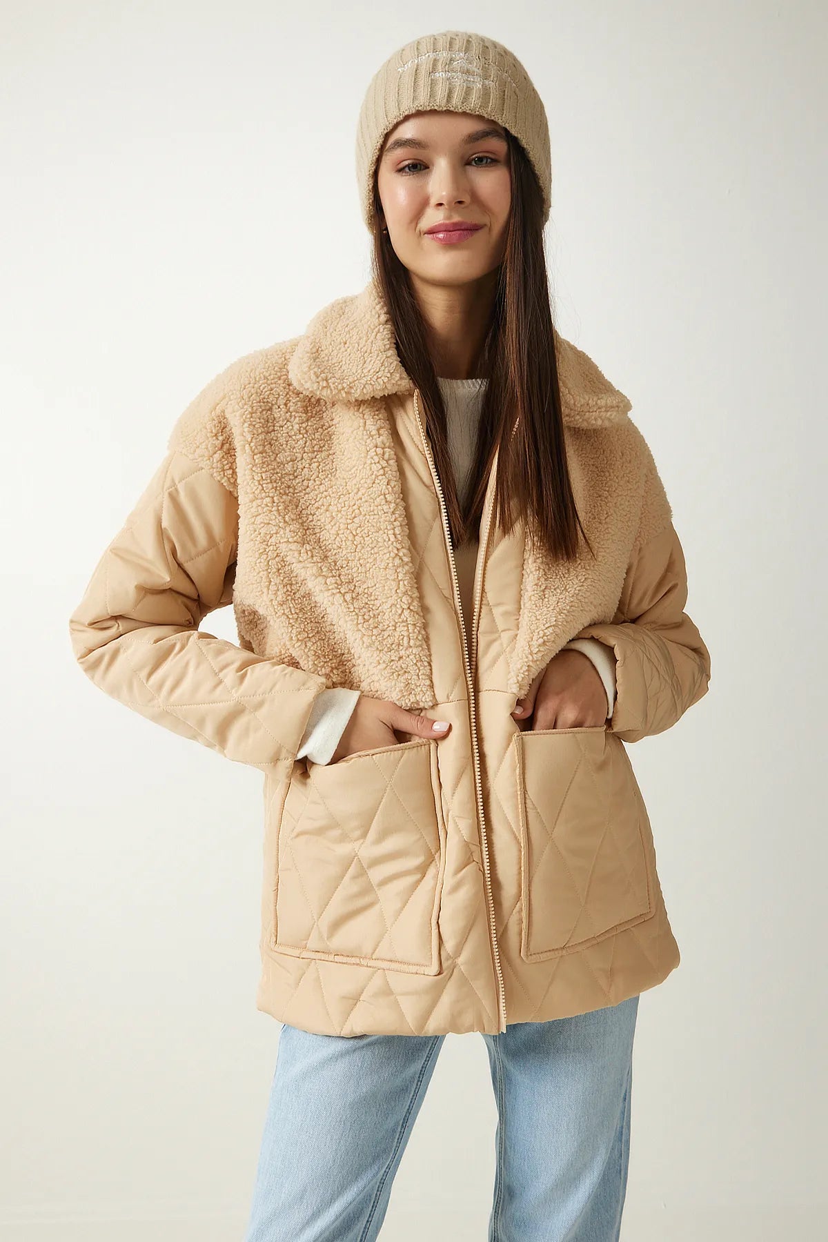 Plush Detailed Quilted Coat LATTE