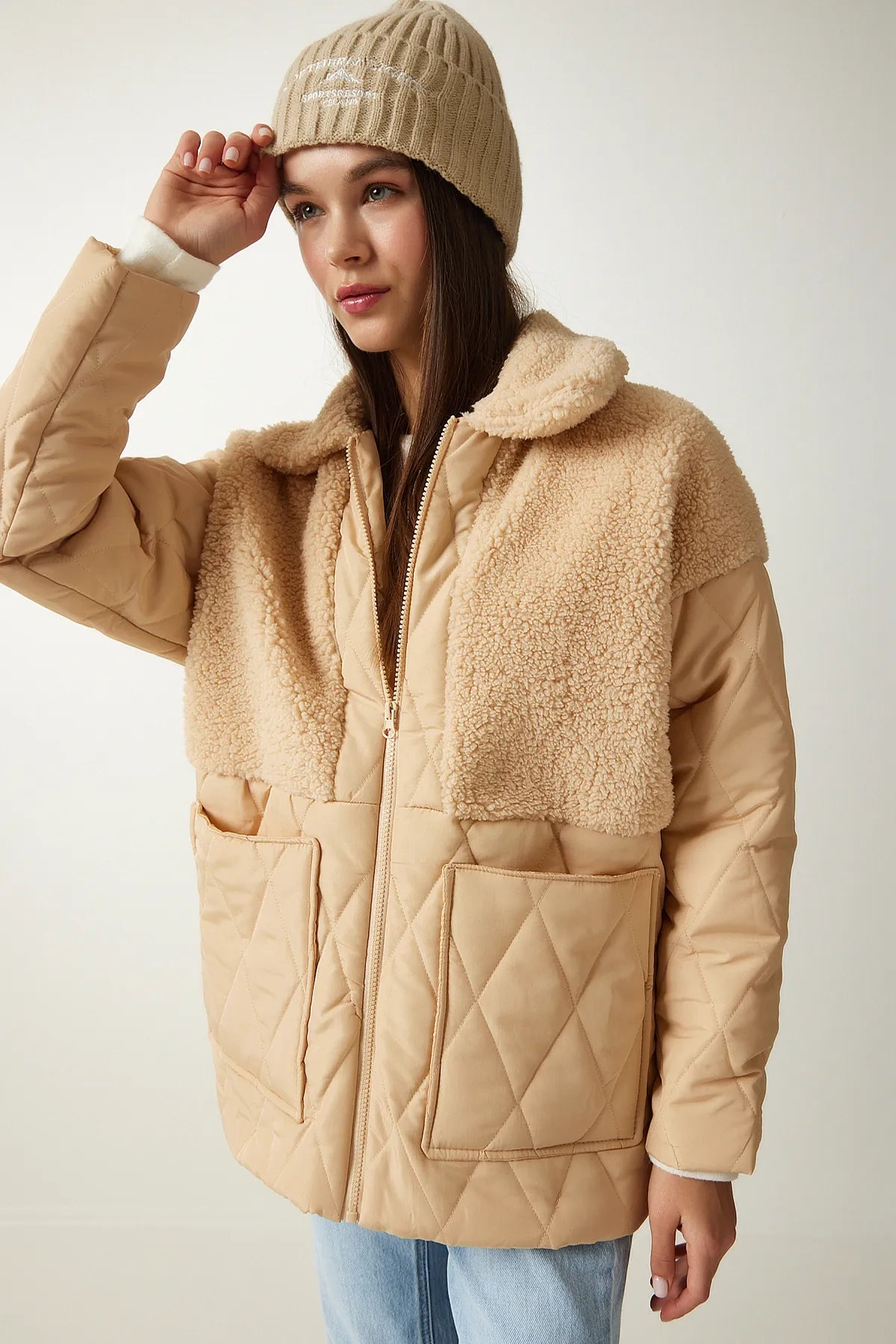 Plush Detailed Quilted Coat LATTE