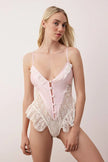 White-Pink Lace and Satin Ruffled Unlined Fantasy Bodysuit
