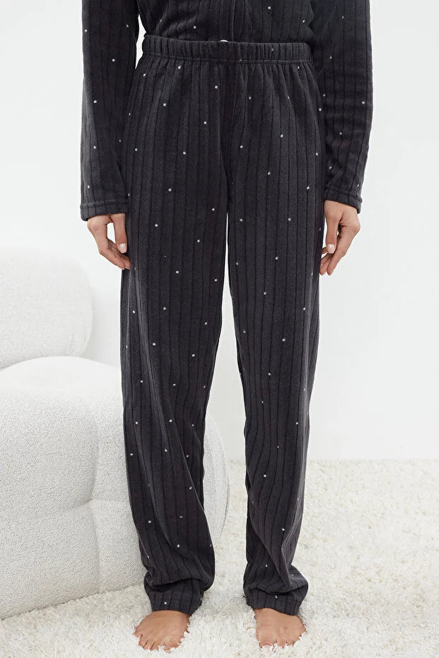 Anthracite Polka Dot Animal Print Fleece Winter Knit Pajama Set