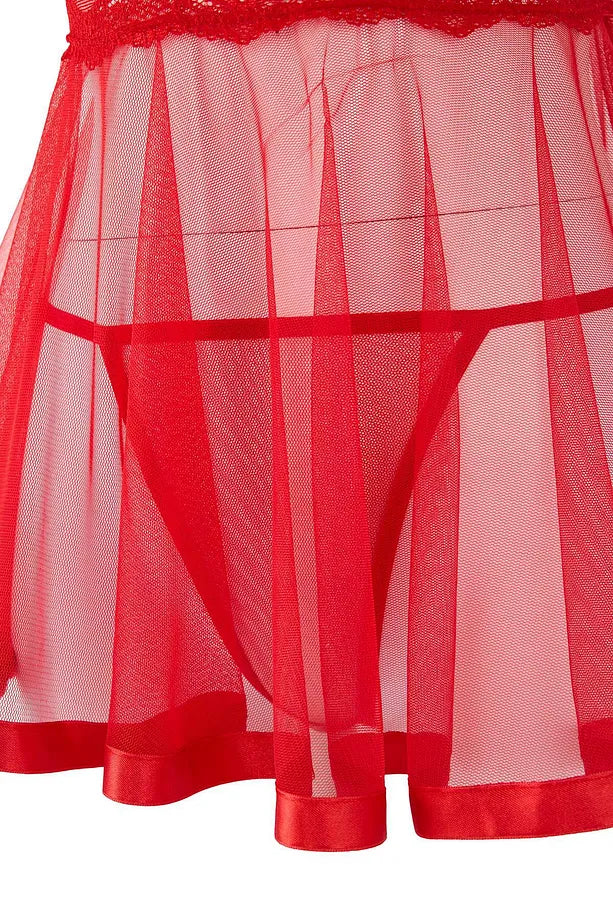 Red Satin-Striped, Coverless, Lace, Tulle, and Strap Babydoll/Fantasy Nightgown