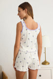 White-Multicolored Floral Lace Detailed Pointel Openwork/Hole Knitted Pajama Set