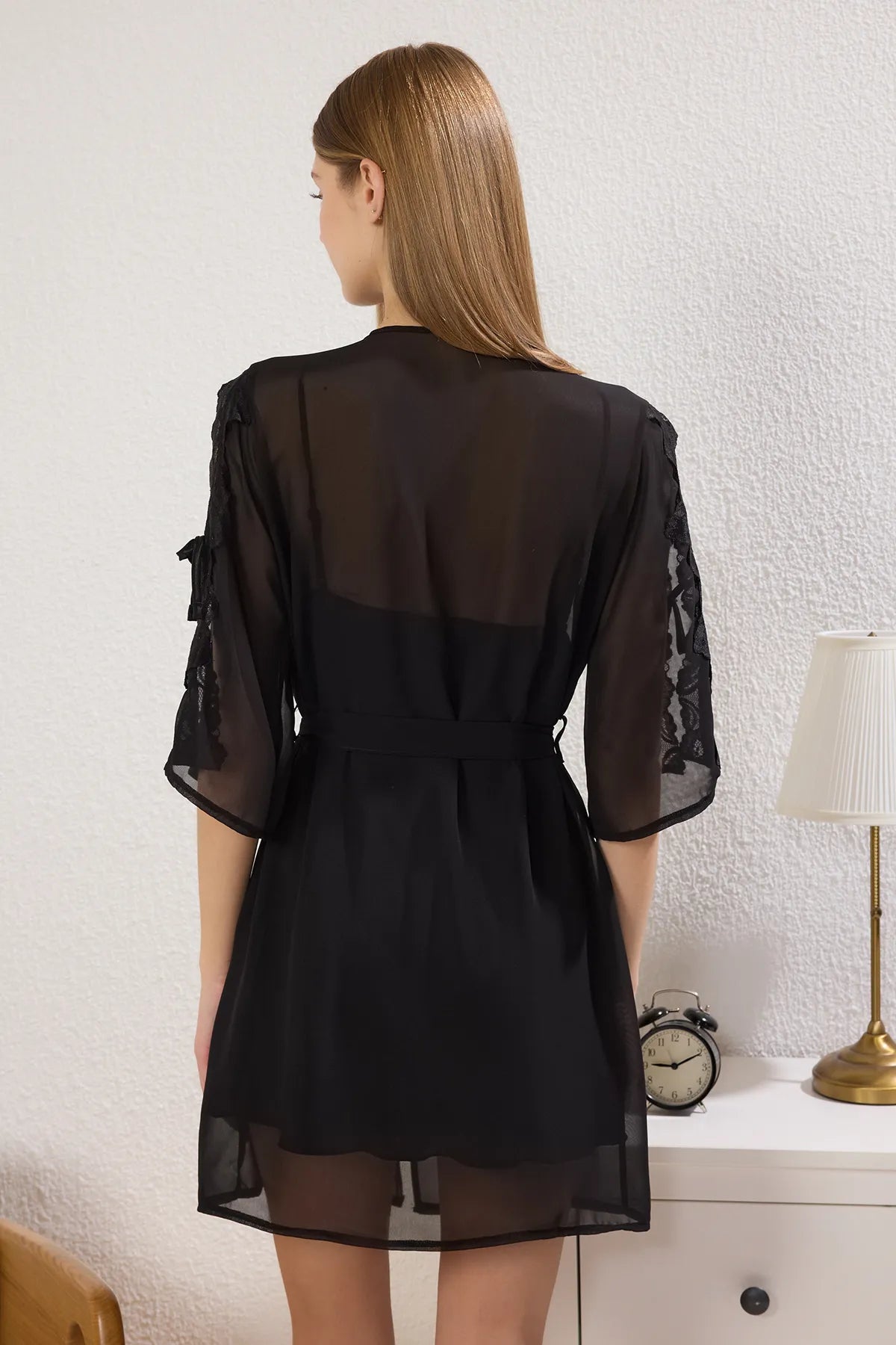 Black 2-Piece Lace and Ribbon/Bow Satin Belted Woven Dressing Gown + Nightgown Set