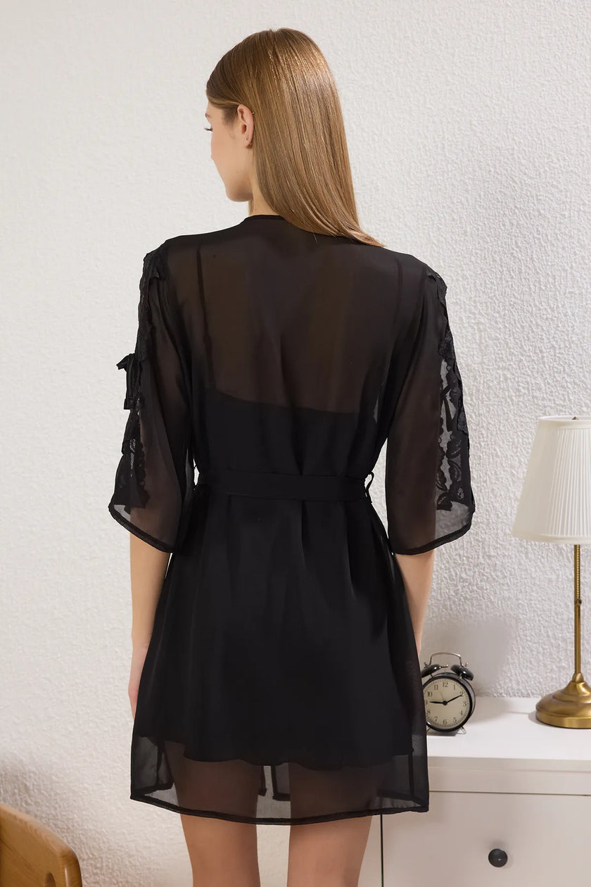 Black 2-Piece Lace and Ribbon/Bow Satin Belted Woven Dressing Gown + Nightgown Set