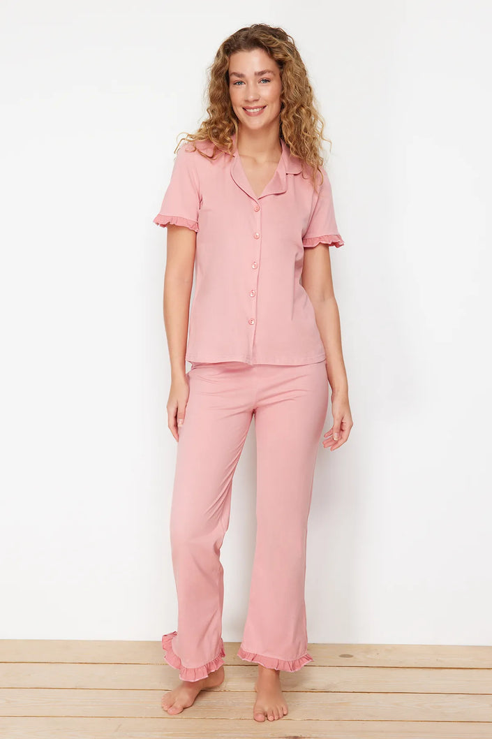 Dusty Rose  Ruffle Detailed Knitted Pajama Set