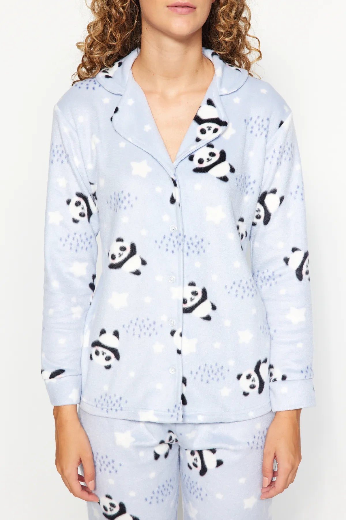 Blue Panda Patterned Sleep Band Polar Winter Knitted Pajama Set