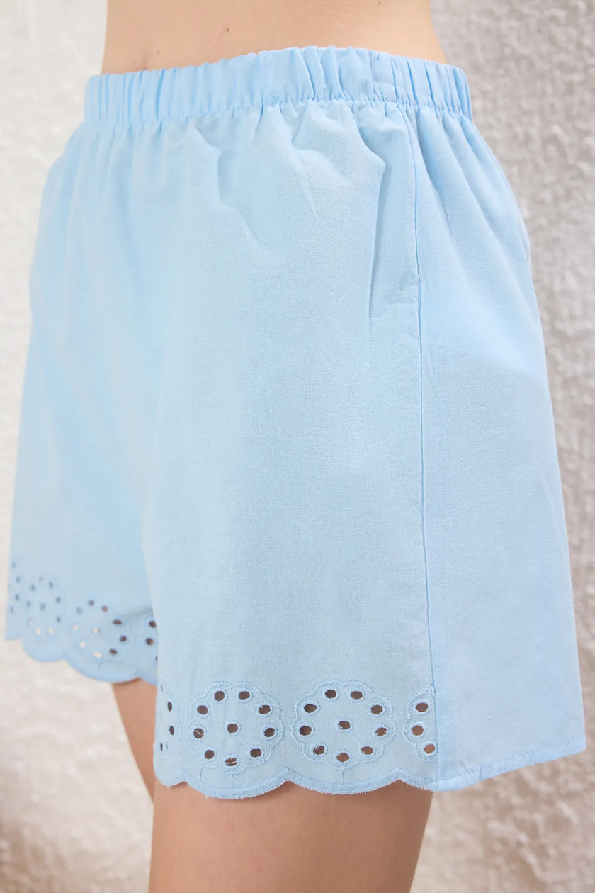 Blue 100% Cotton Self-Patterned Rope Suspender Poplin Shorts Woven Pajama Set