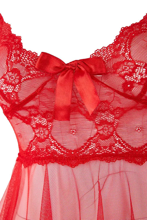 Red Satin-Striped, Coverless, Lace, Tulle, and Strap Babydoll/Fantasy Nightgown