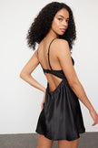 Black Lace Back Hook and Window/Cut Out Detail Satin Woven Nightgown