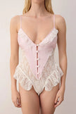 White-Pink Lace and Satin Ruffled Unlined Fantasy Bodysuit