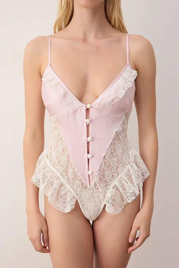 White-Pink Lace and Satin Ruffled Unlined Fantasy Bodysuit