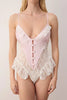 White-Pink Lace and Satin Ruffled Unlined Fantasy Bodysuit