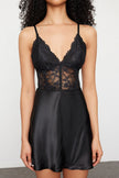 Black Lace Back Hook and Window/Cut Out Detail Satin Woven Nightgown