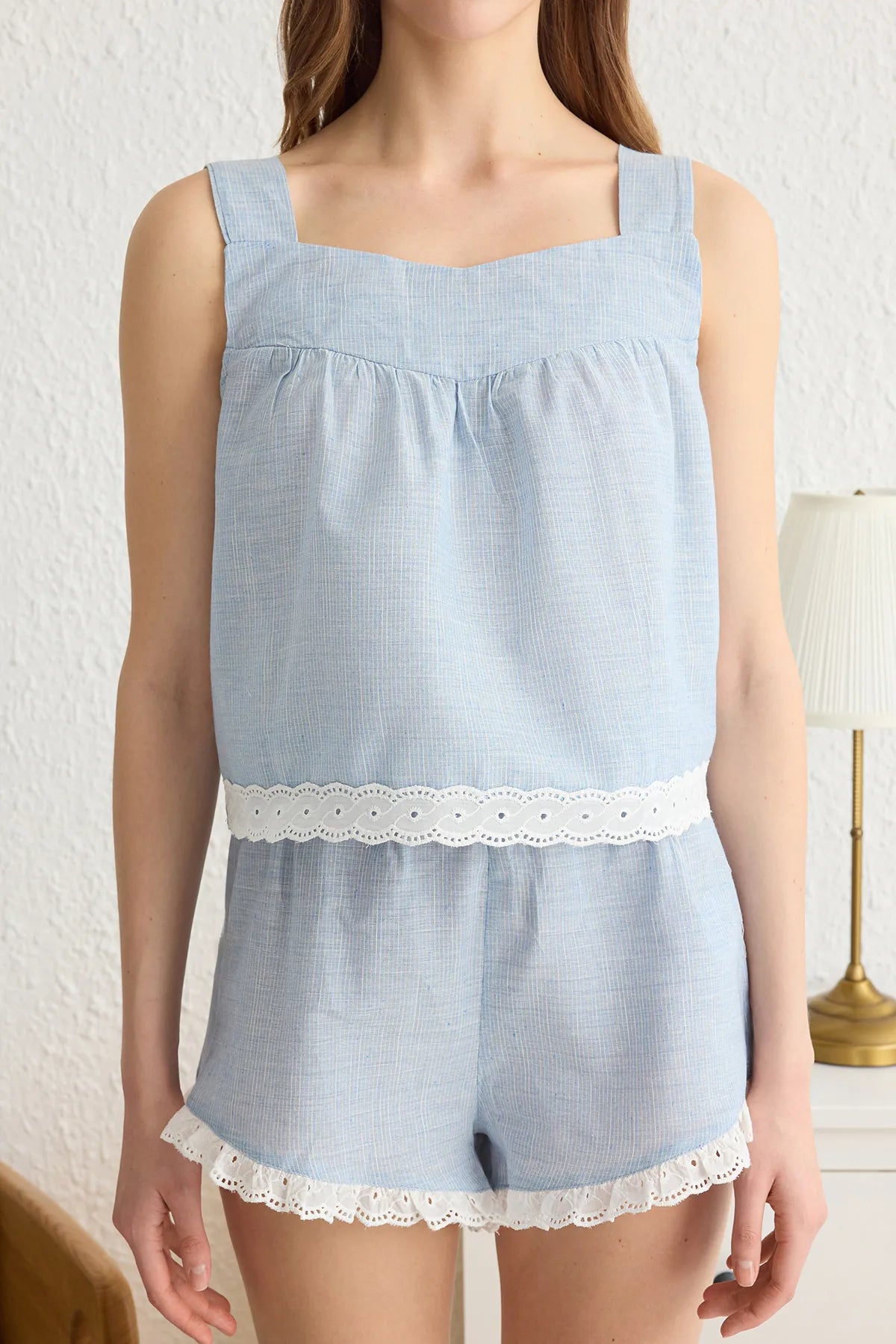 Blue Cotton Embroidered Poplin Woven Pajama Set