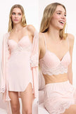 Powder Pink 4-Piece Lace Detail Robe, Nightdress, Bralette & Shorts Pajama Set