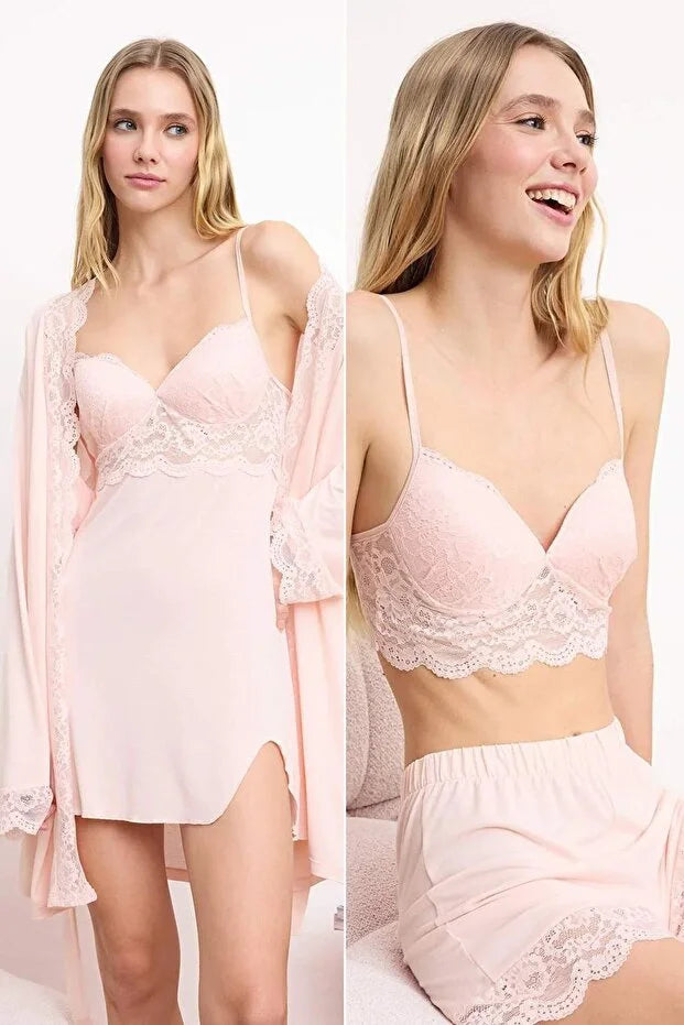 Powder Pink 4-Piece Lace Detail Robe, Nightdress, Bralette & Shorts Pajama Set