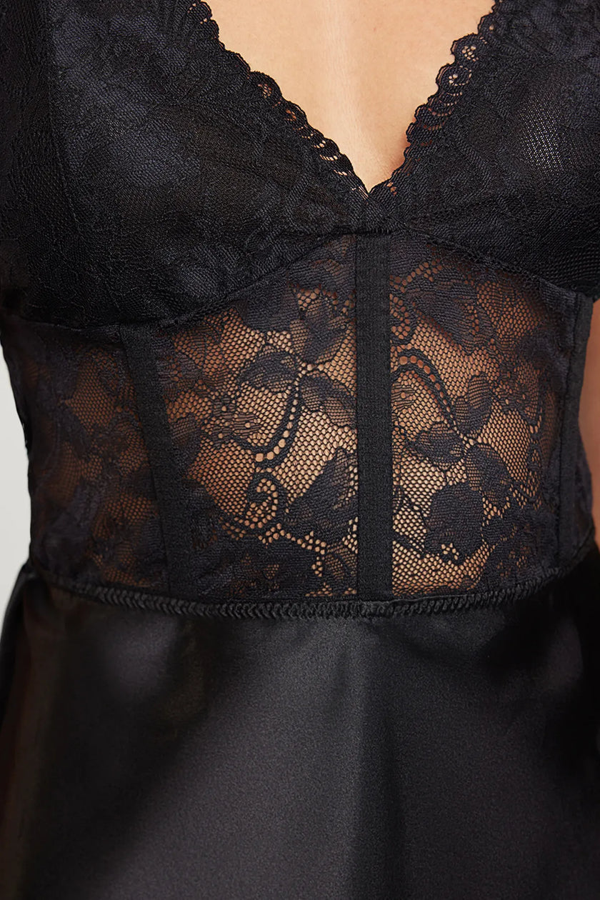 Black Lace Back Hook and Window/Cut Out Detail Satin Woven Nightgown