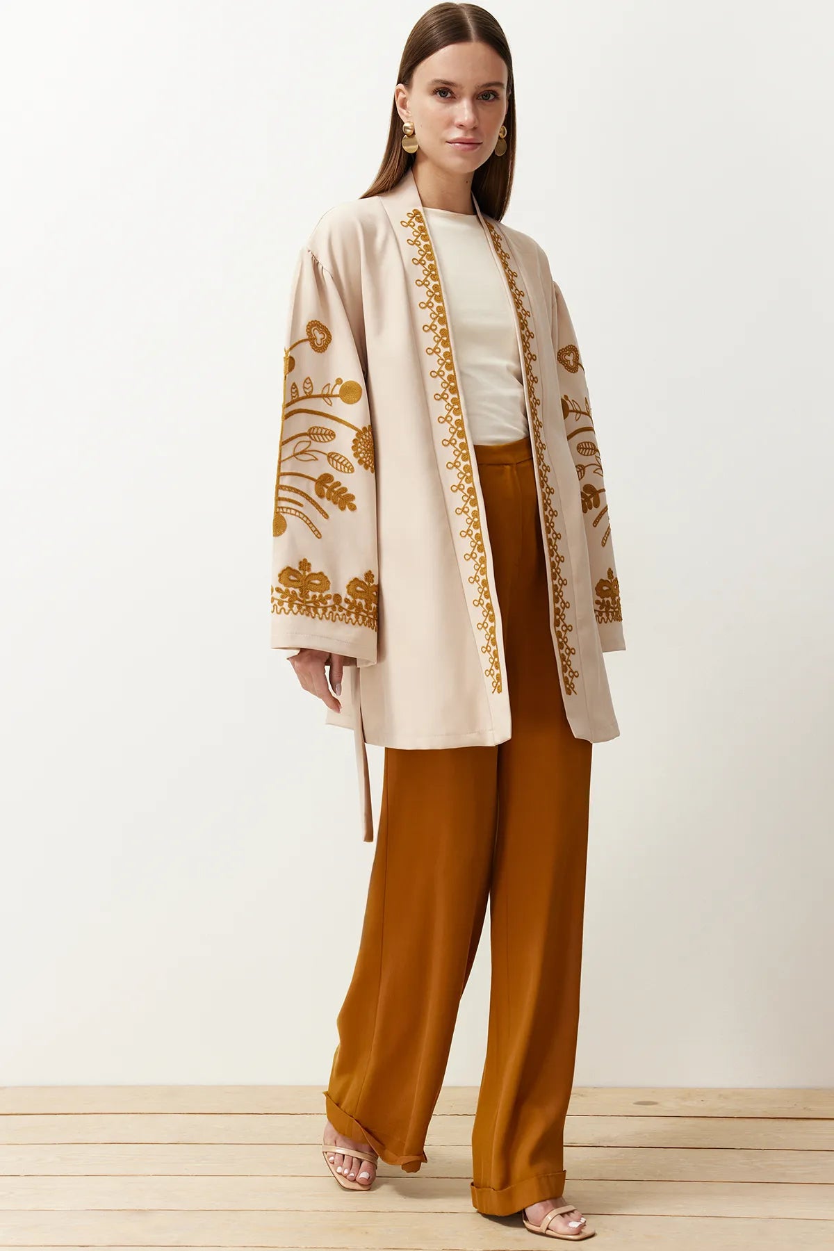 Beige Woven Embroidered Cape Abaya &amp; Kimono