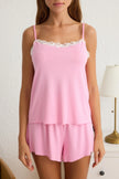 Pink Lace and Ribbon/Bow Detailed Rope Suspender Shorts Knitted Pajama Set