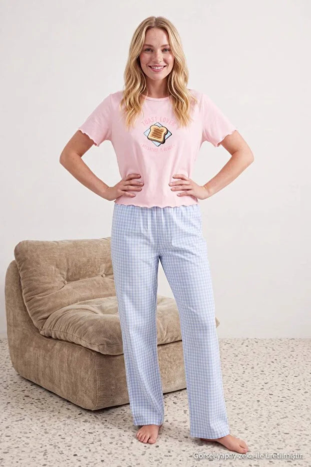 Pink & Blue Cotton Printed Gingham Knit Pajama Set