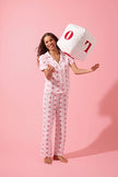 Pink 100% Cotton Heart Piping Detail Muslin Woven Pajama Set