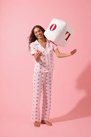 Pink 100% Cotton Heart Piping Detail Muslin Woven Pajama Set