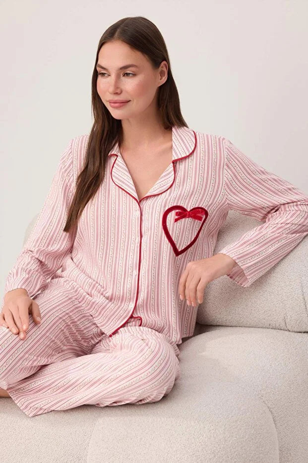 Multicolor Floral Heart Detail Viscose Woven Pajama Set