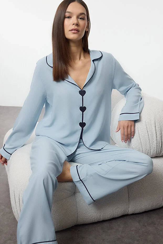 Light Blue Heart Embroidered Piping Detail Viscose Woven Pajama Set