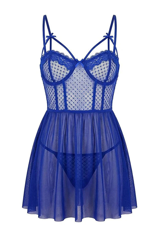 Dark Blue Polka Dot Babydoll with Bust Detail / Fantasy Nightdress