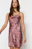 Pink Leopard Patterned Rope Strap Cowl Neck Satin Woven Nightgown