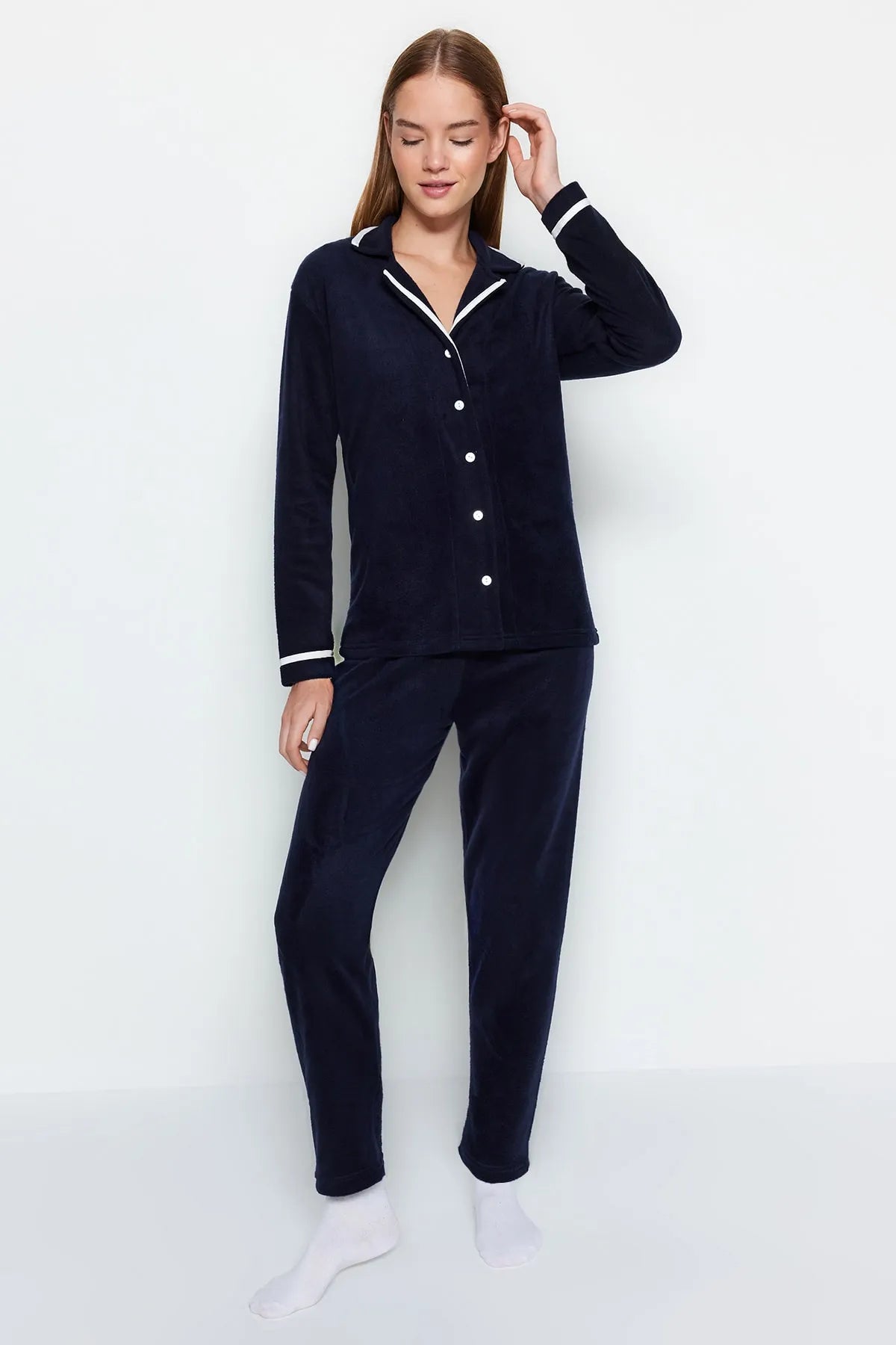 Navy Blue Piping Detailed Sleep Band Polar Thick Winter Knitted Pajama Set