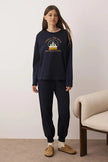 Navy Blue Christmas-Themed Slogan Embroidered Knitted Pajama Set