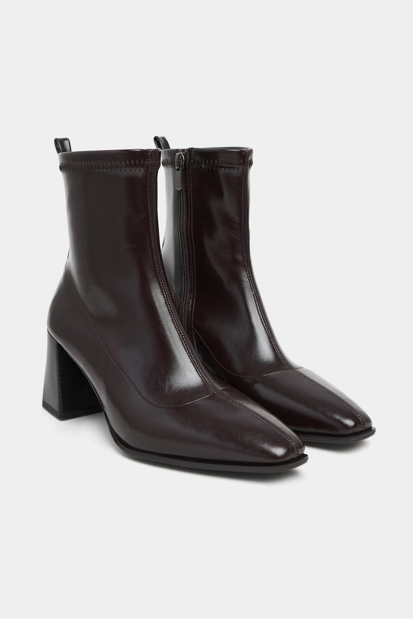 NIXIE BROWN MATTE STRETCH DETAIL THICK-HEEL WOMEN'S BOOTS