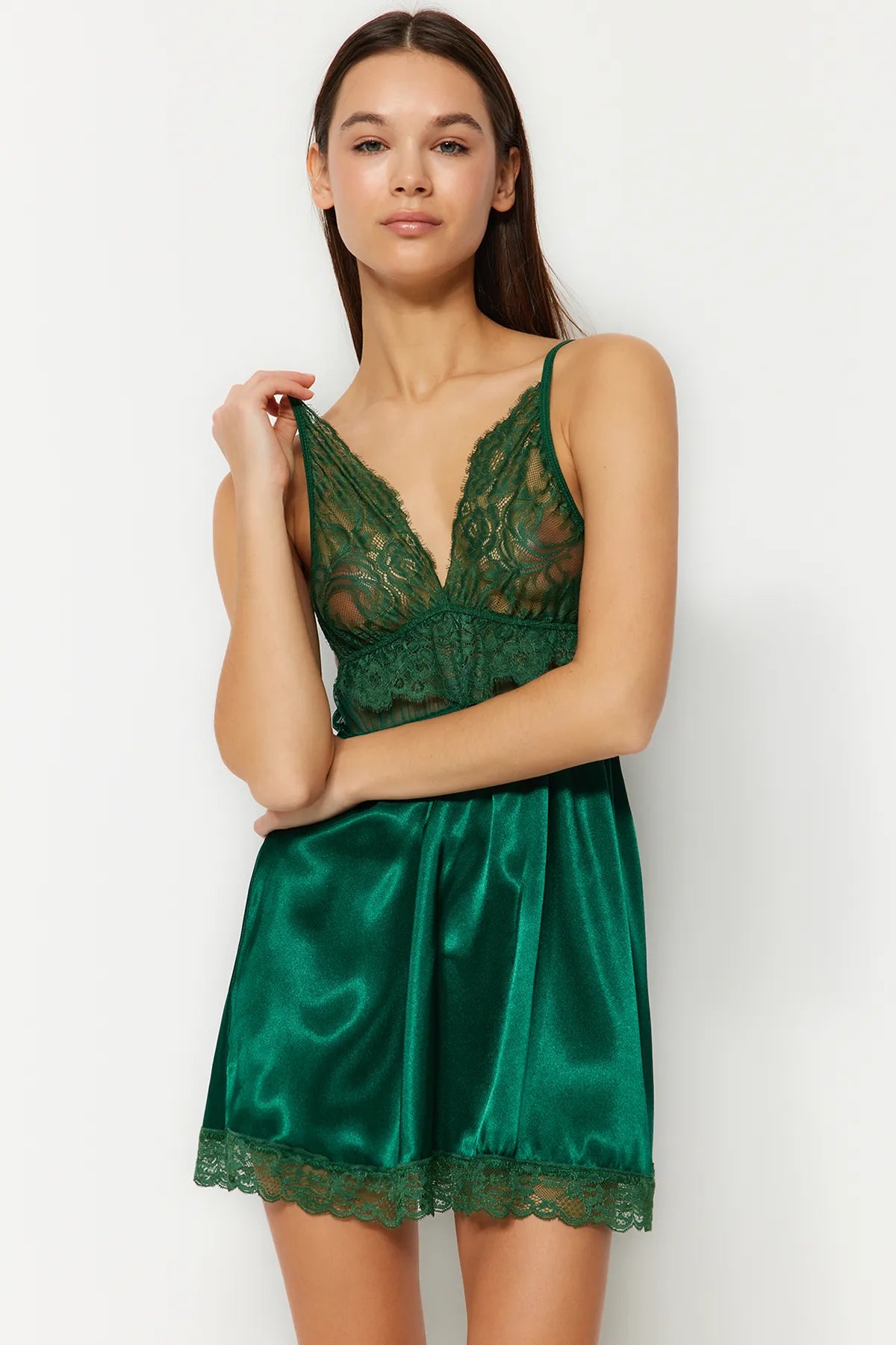 Green Satin Lace Rope Strap Knitted Babydoll