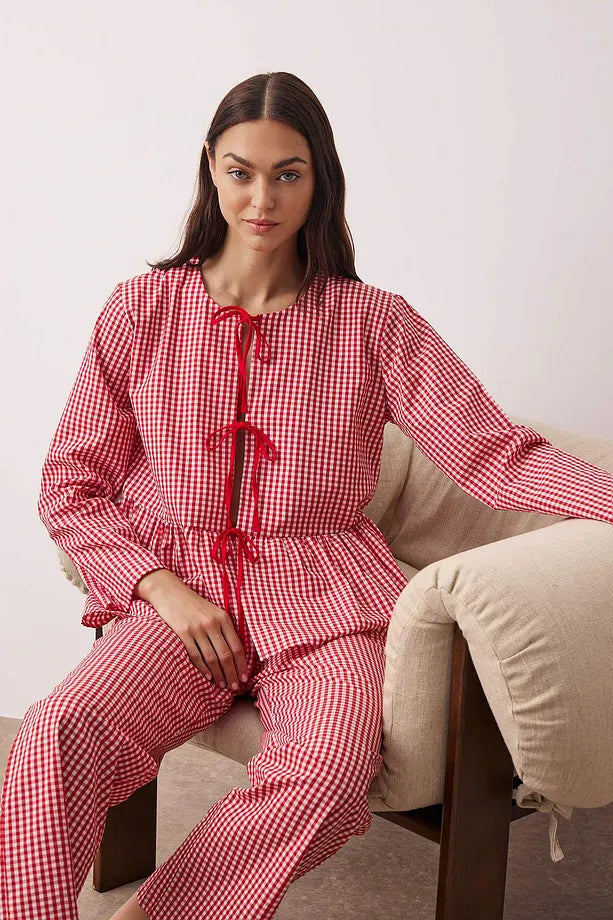 Red Plaid Woven Pajama Set with Tie Detail