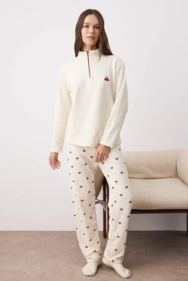 Offwhite-Red Cherry Zippered Soft Winter Waffle Knit Pajama Set