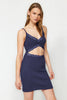 Navy Blue Cotton Lace Rope Strap Ribbed Knit Nightgown