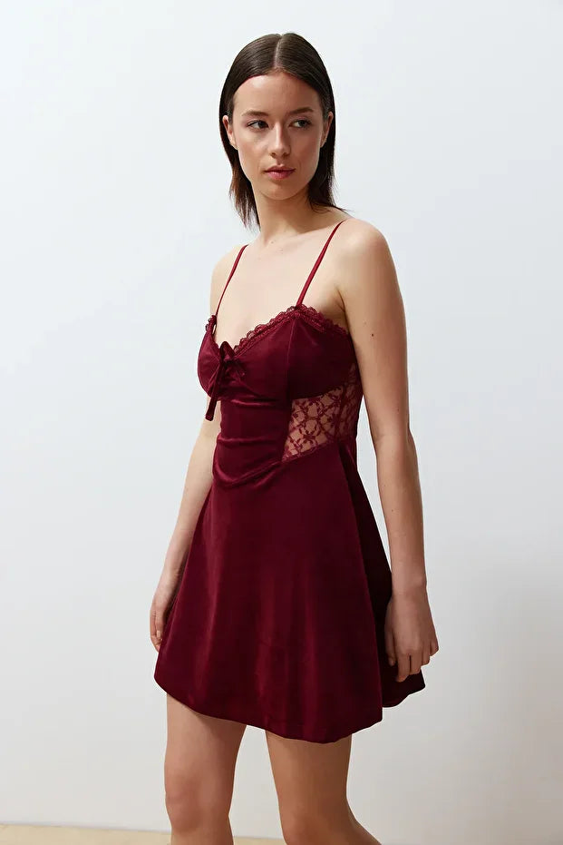 Burgundy Soft-Feel Laced Velvet Knit Nightgown with Rope Straps | Home Wear | Lingerie | Lebbse Burgundy Soft-Feel Laced Velvet Knit Nightgown with Rope Straps | Home Wear | Lingerie | Lebbse