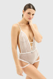 White Lace Ruffle Openwork/Open Coverless Knitted Bodysuit