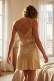Gold Beige Satin Woven Nightdress with Lace-Up Back and Spaghetti Straps