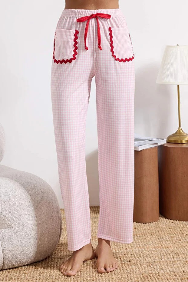 White & Pink Cotton Plaid Heart Ribbon Detail Knit Pajama Set