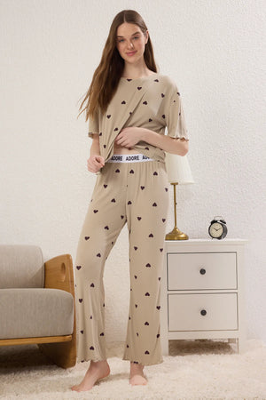Mint Heart Slogan Elastic Detailed Ribbed Knitted Pajama Set