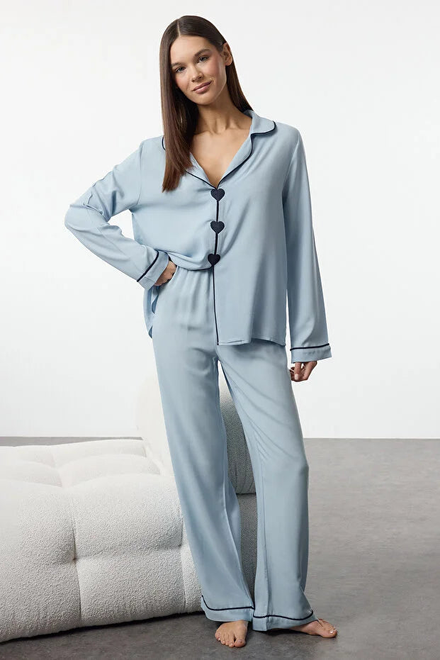 Light Blue Heart Embroidered Piping Detail Viscose Woven Pajama Set