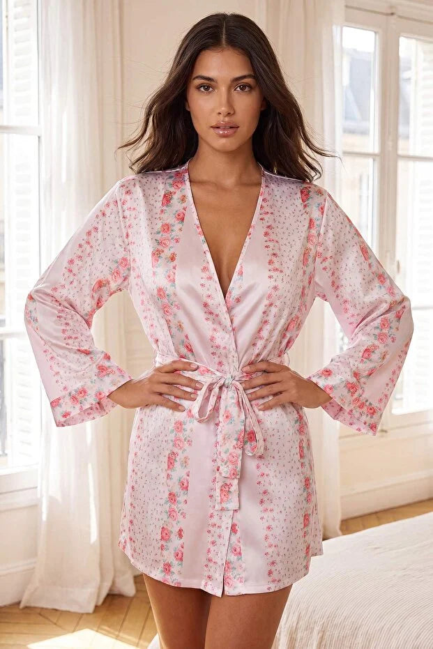 Multicolor Satin Lace Detail 4-Piece Bridal Pajama Set with Briefs & Robe