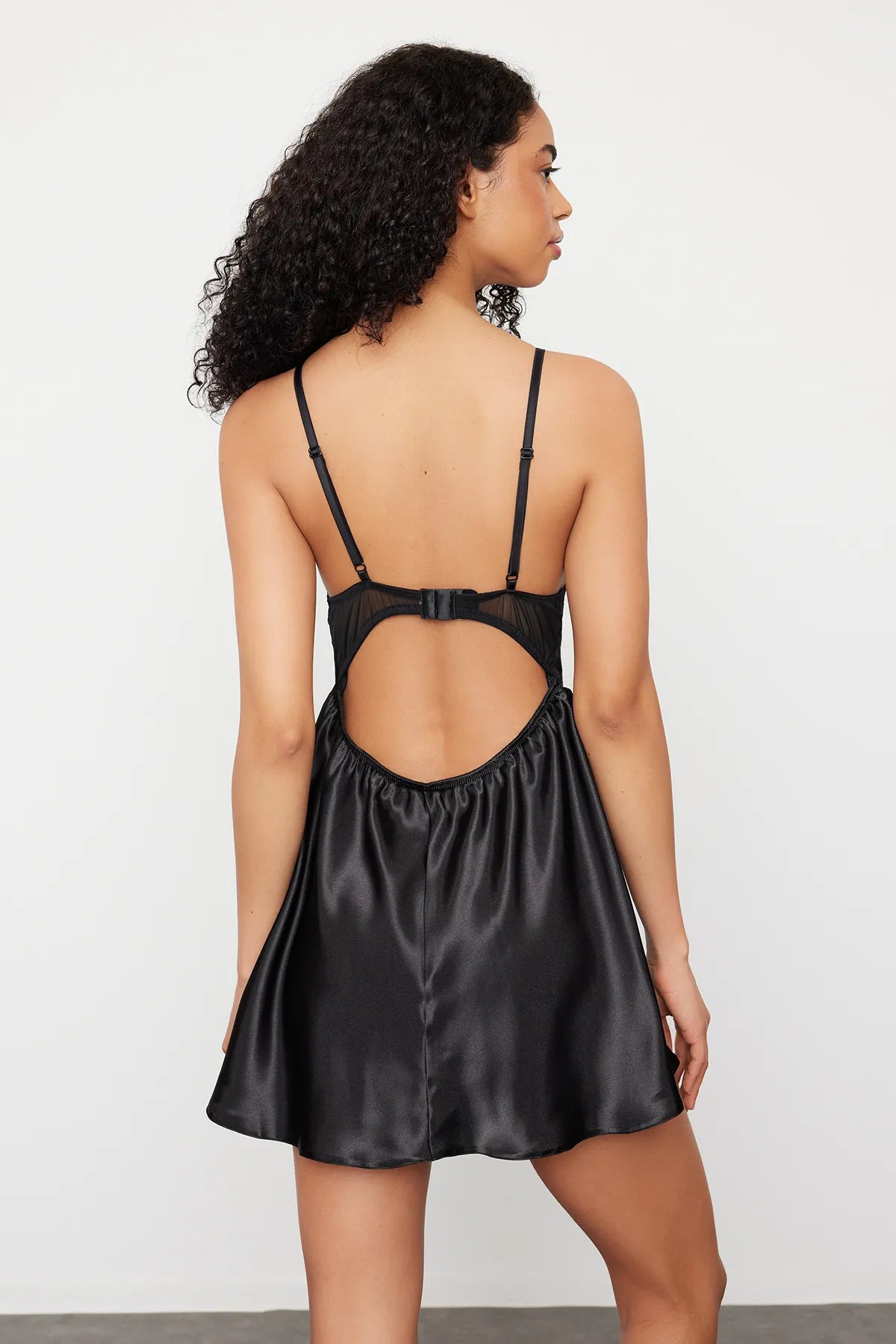 Black Lace Back Hook and Window/Cut Out Detail Satin Woven Nightgown