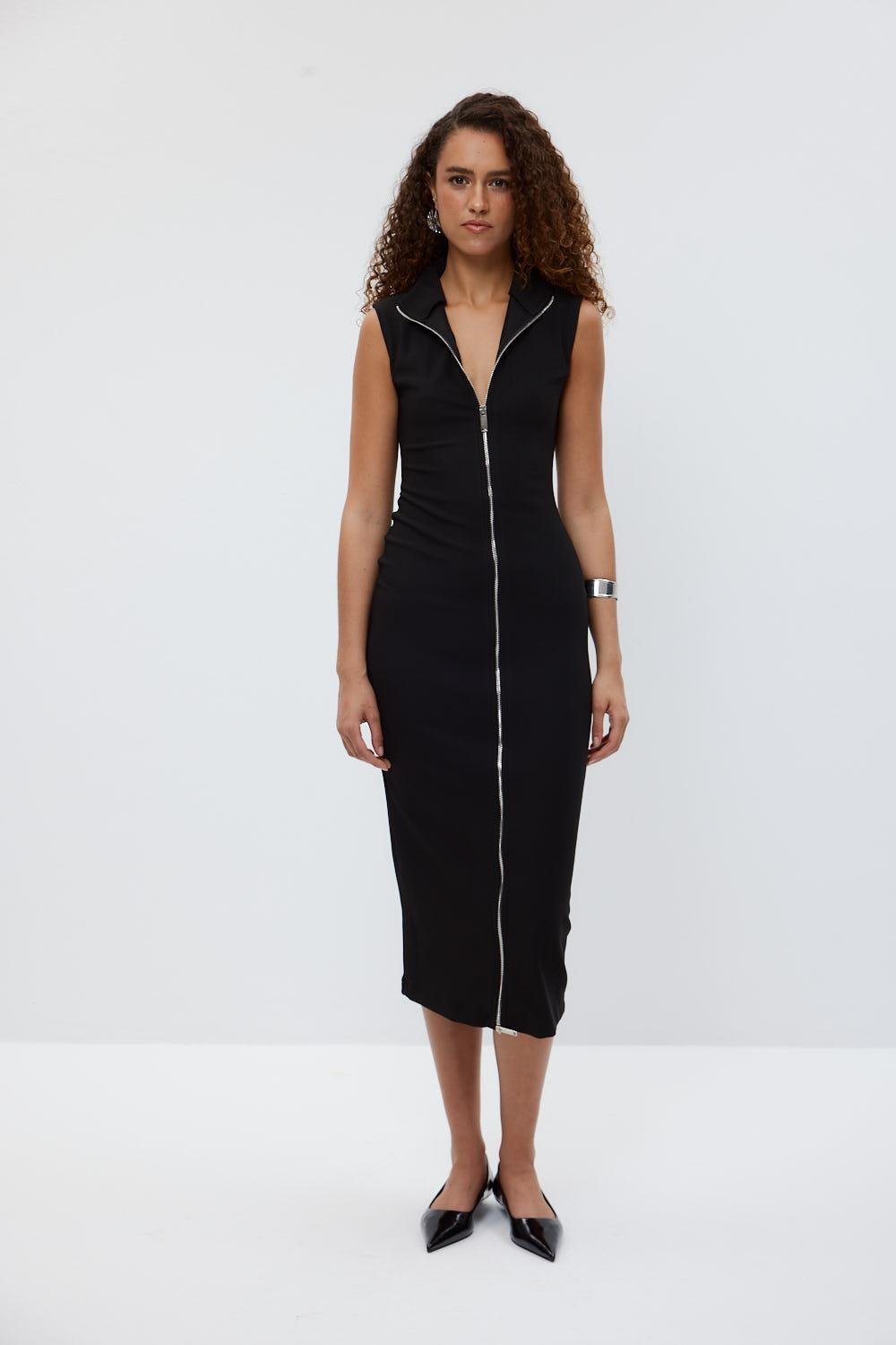 Zippered Sleeveless Midi Black Corduroy Dress