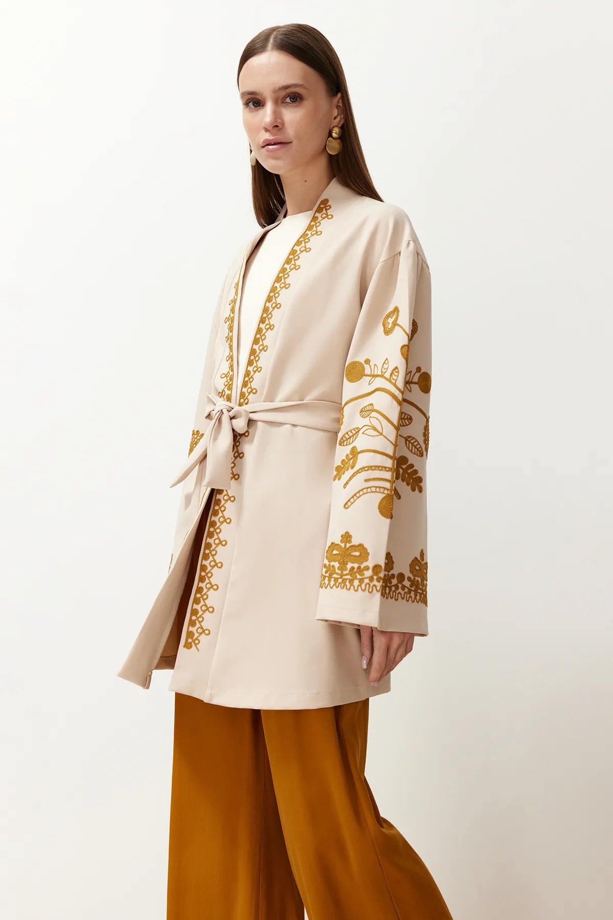 Beige Woven Embroidered Cape Abaya &amp; Kimono