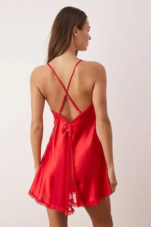 Red Slit Tulle and Lace Detailed Satin Coverless Strapless Babydoll/Fantasy Nightgown