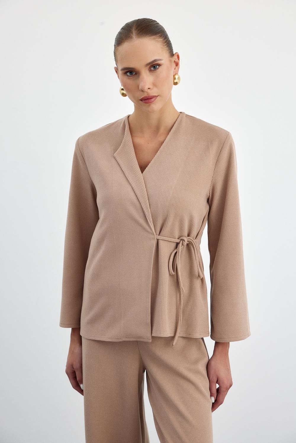 Double Breasted Light Brown Blouse and Trousers Knitwear Women's Set